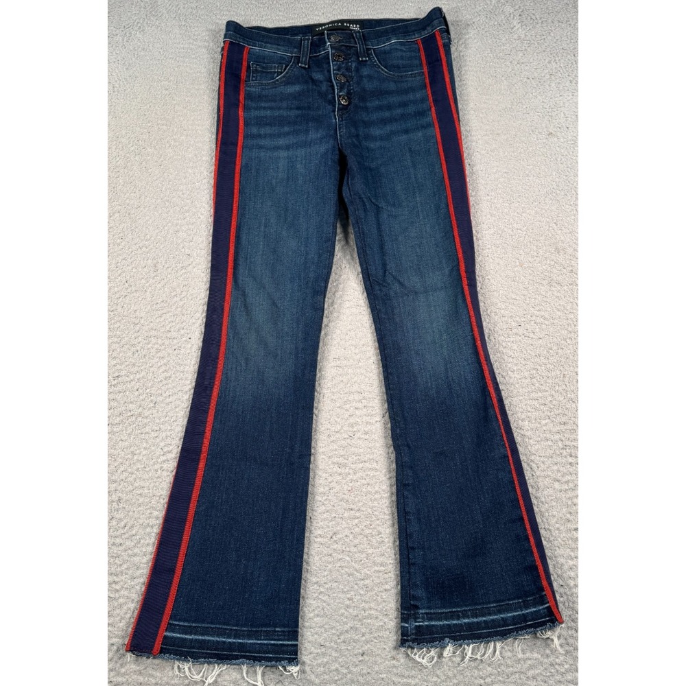 Veronica Beard Navy Denim Bootcut Jeans with Red Side Stripes